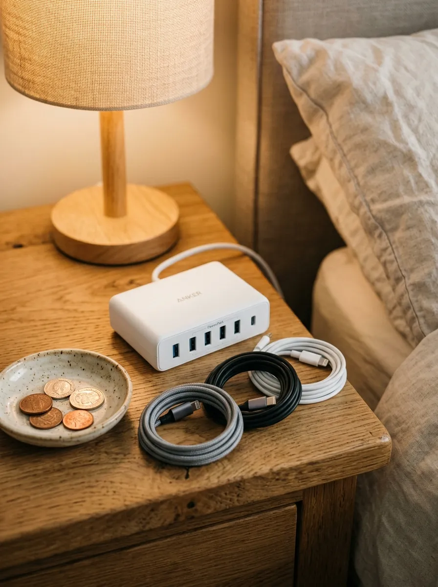 18 Inspiring Guest Bedroom Ideas That Create a Warm, Cozy, and Memorable Stay 10 White USB charging hub on oak nightstand with neat cables for a convenient guest bedroom tech setup