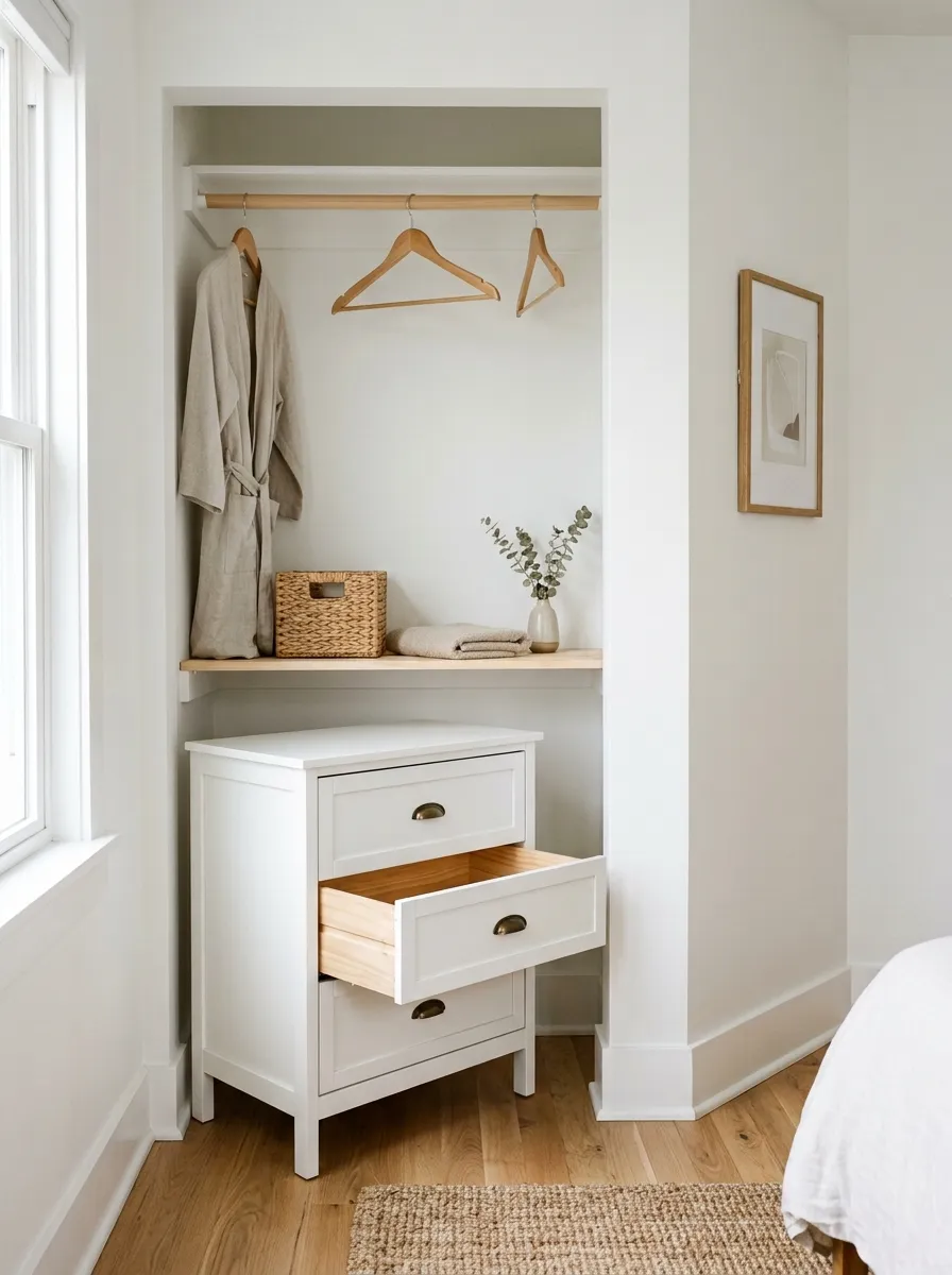 18 Inspiring Guest Bedroom Ideas That Create a Warm, Cozy, and Memorable Stay 11 Open white dresser drawer and wooden hangers in a clean guest bedroom closet ready for visitors to unpack