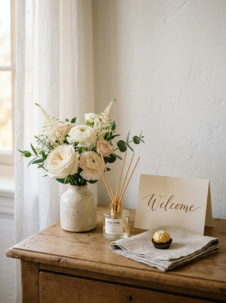 18 Inspiring Guest Bedroom Ideas That Create a Warm, Cozy, and Memorable Stay 18 Guest bedroom dresser with welcome flowers, reed diffuser, handwritten note, and small chocolate for a memorable stay