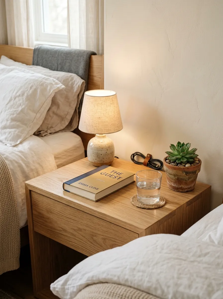 18 Inspiring Guest Bedroom Ideas That Create a Warm, Cozy, and Memorable Stay 6 Organized oak guest room nightstand with lamp, book, water glass, and small plant for a welcoming bedside setup