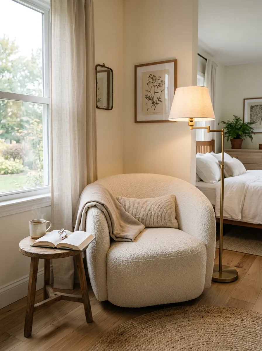 18 Inspiring Guest Bedroom Ideas That Create a Warm, Cozy, and Memorable Stay 9 Cream boucle armchair with linen throw and floor lamp creating a cozy reading nook in a guest bedroom
