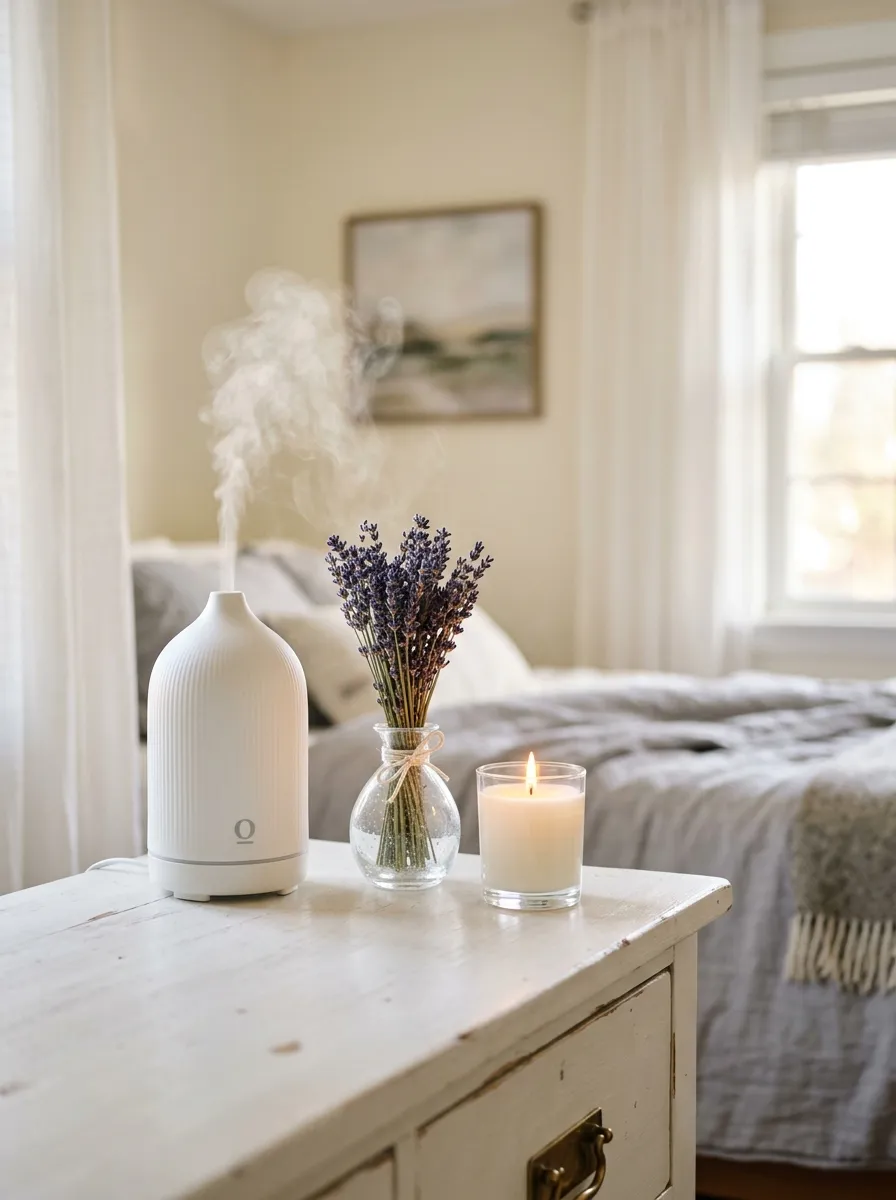 18 Inspiring Guest Bedroom Ideas That Create a Warm, Cozy, and Memorable Stay 8 White ceramic diffuser with lavender and candle on a dresser for a calming, fresh smelling guest bedroom