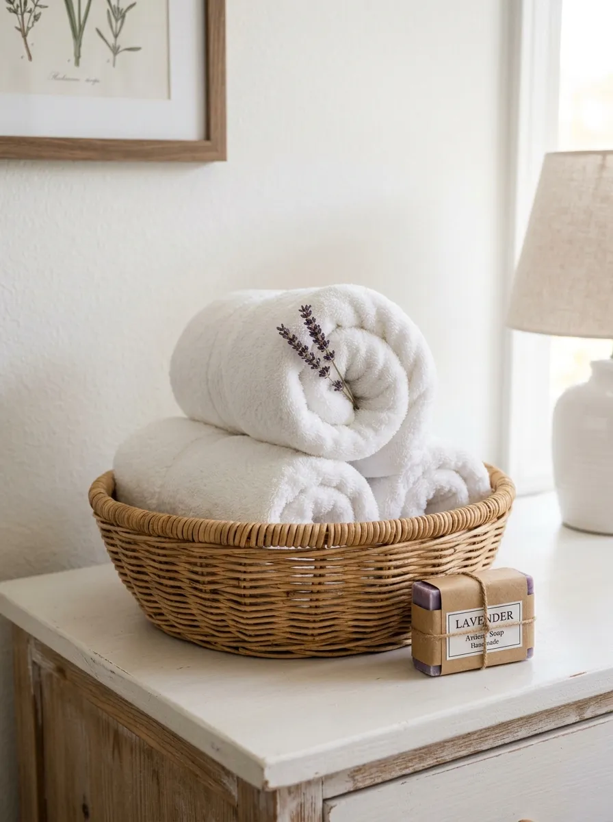 18 Inspiring Guest Bedroom Ideas That Create a Warm, Cozy, and Memorable Stay 15 Rolled white towels in wicker basket with lavender sprig and artisan soap for a spa style guest bedroom
