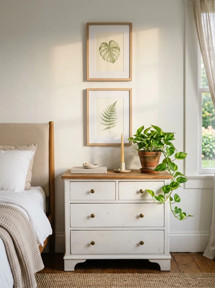 18 Inspiring Guest Bedroom Ideas That Create a Warm, Cozy, and Memorable Stay 14 Botanical watercolor prints above dresser with trailing pothos plant and candle in a styled guest bedroom