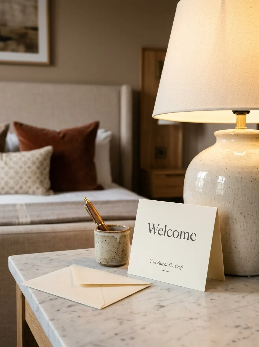 18 Inspiring Guest Bedroom Ideas That Create a Warm, Cozy, and Memorable Stay 16 Printed welcome guide card propped on nightstand with pen and envelope for an organized guest bedroom setup