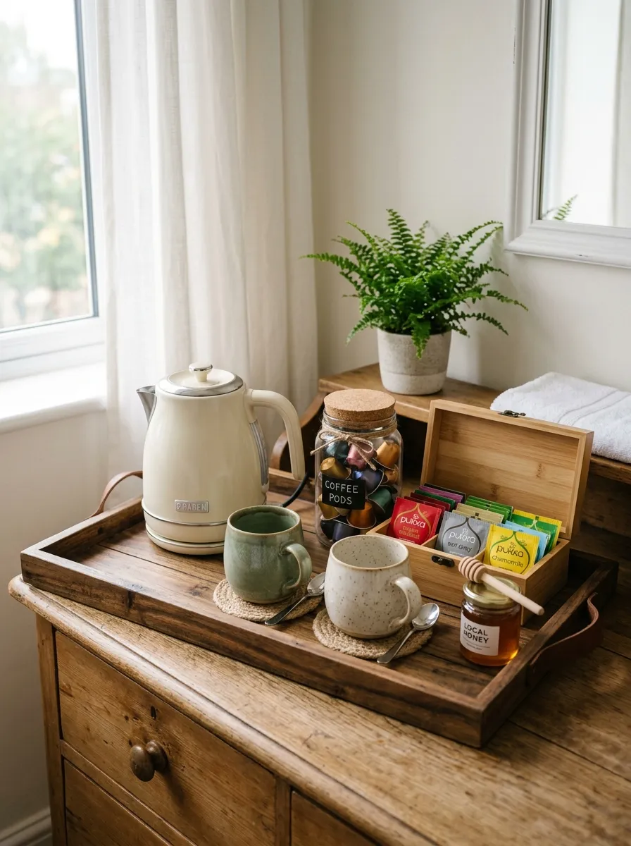 18 Inspiring Guest Bedroom Ideas That Create a Warm, Cozy, and Memorable Stay 5 Compact coffee and tea station on a dresser with kettle, ceramic mugs, and tea sachets for guest room comfort