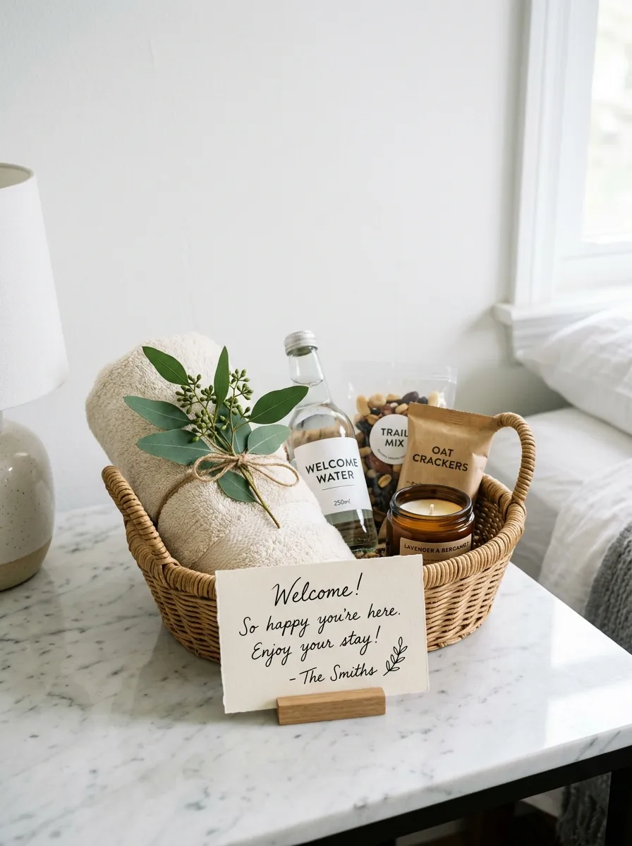 18 Inspiring Guest Bedroom Ideas That Create a Warm, Cozy, and Memorable Stay 4 Wicker welcome basket with snacks, candle, hand towel, and handwritten note for a guest bedroom arrival