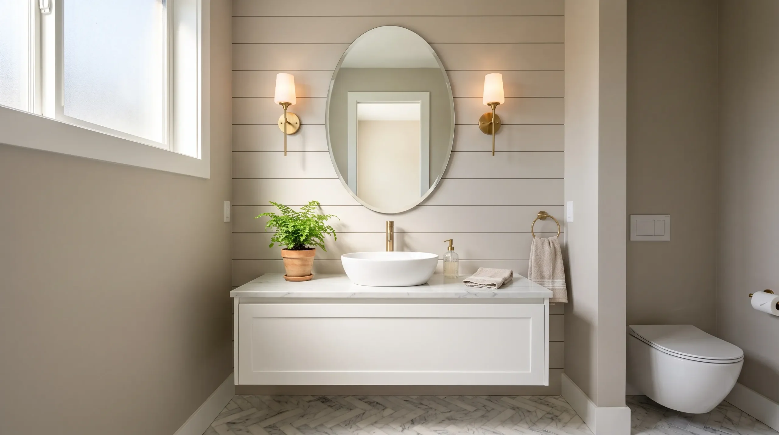 16 Half Bathroom Ideas That Maximize Style, Function, and Impact in a Small Space 1 Bright and stylish half bathroom with floating vanity, gold fixtures, and shiplap accent wall in small powder room