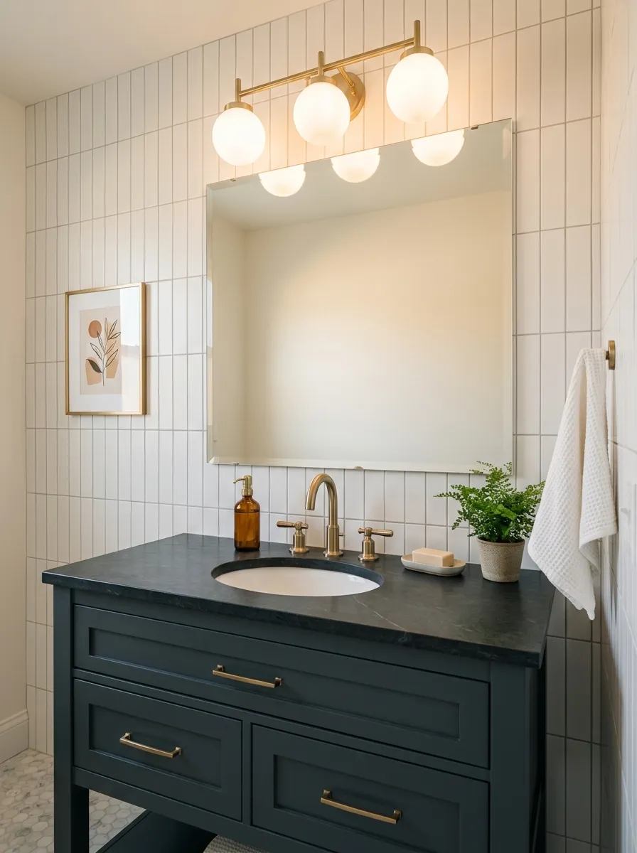 16 Half Bathroom Ideas That Maximize Style, Function, and Impact in a Small Space 15 Half bathroom with globe brass vanity light bar above frameless mirror, vertical subway tile, dark slate vanity, and warm ambient glow