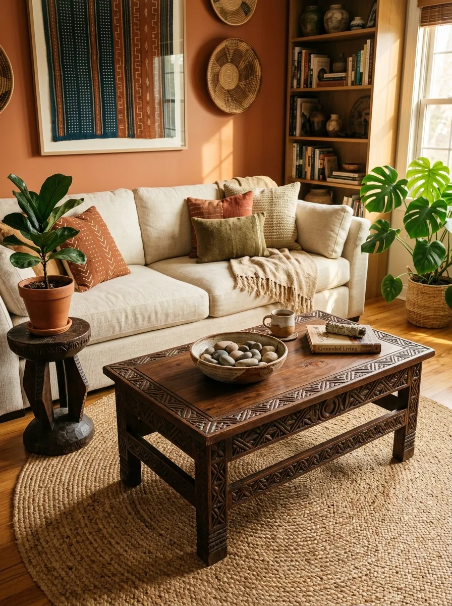 23 Afro Boho Living Room Ideas That Feel Warm, Authentic, Stylish, and Truly Lived In 12 Hand carved dark wood coffee table and carved wooden stool in a warm and artisan Afro Boho Living Room