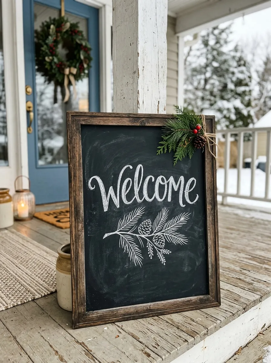 19 Winter Porch Decorating Ideas That Instantly Boost Cozy Curb Appeal All Season Long 15 Framed chalkboard welcome sign with hand lettered text propped on a front porch column for charming seasonal porch decorating