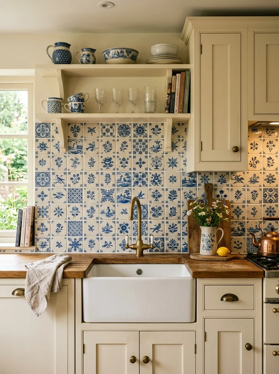 Hand painted blue and white ceramic tile backsplash with floral motif in a cottage style kitchen with cream cabinets
