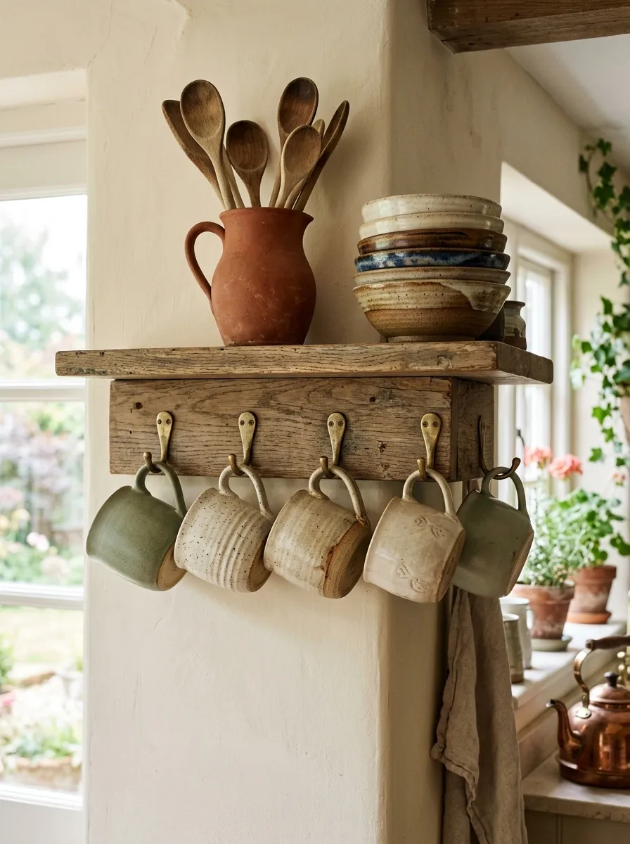 17 Farmhouse Cottage Kitchen Ideas to Master the New Timeless and Cozy Design Aesthetic 11 Handmade stoneware mugs and terracotta pottery on open shelves in a farmhouse kitchen décor arrangement