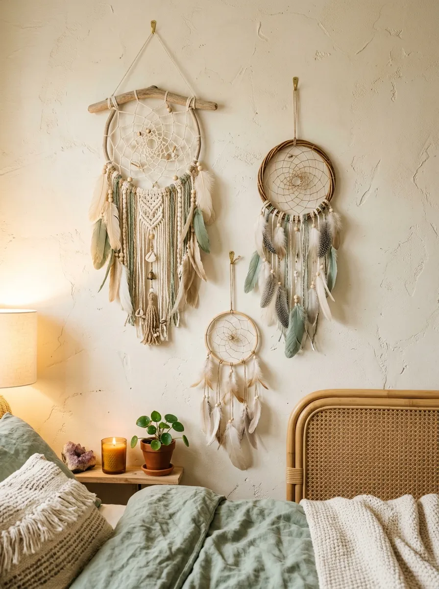 23 Curated Boho Bedroom Ideas for a Cozy, Inviting, and Effortlessly Stylish Retreat 15 Three handmade dreamcatchers in natural wood hoops with feather tassels on a cream Boho bedroom wall