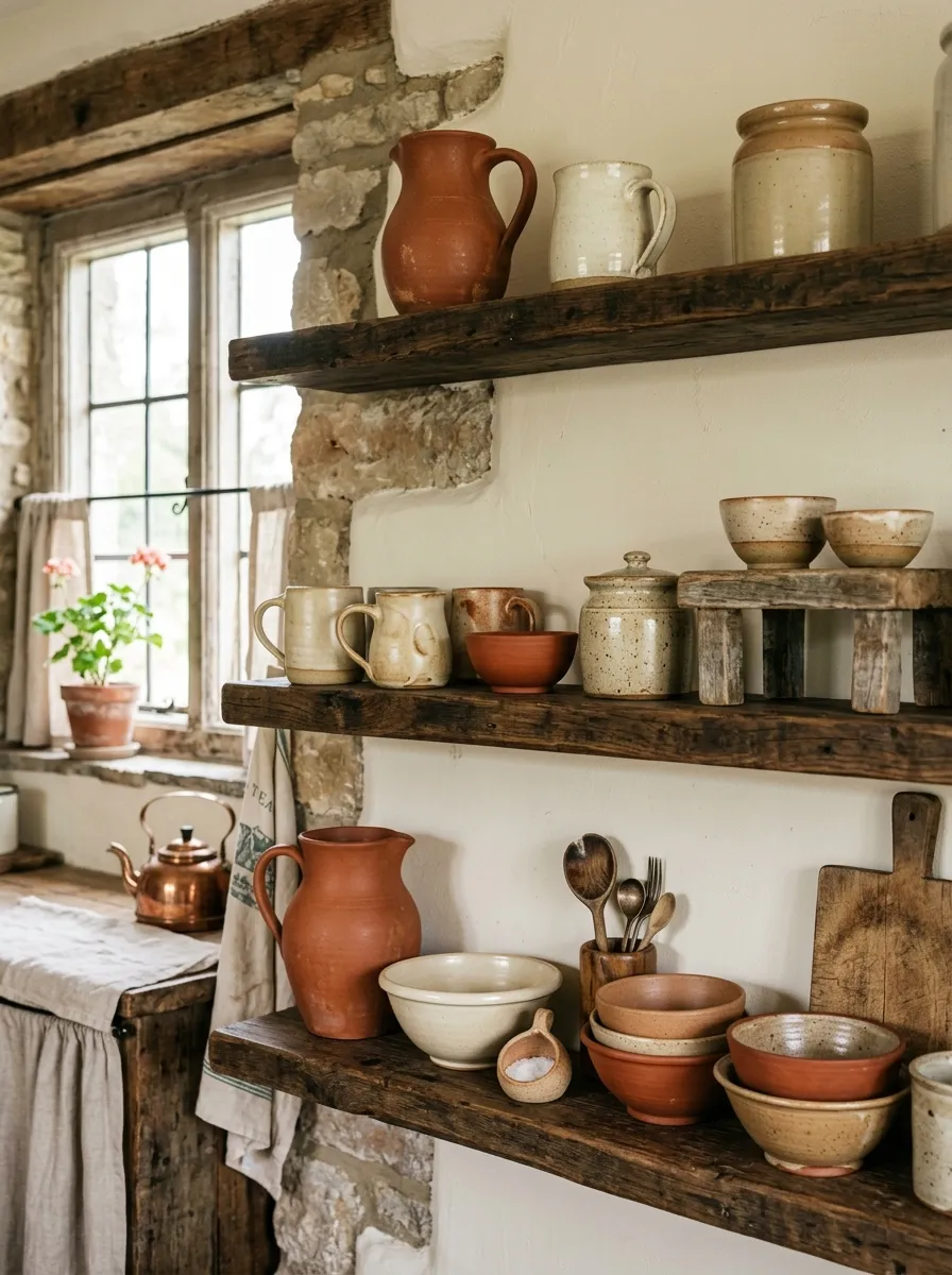 23 Rustic Farmhouse Kitchen Ideas That Use Quiet Design Rules to Create a Timeless Look 18 Collection of handmade stoneware bowls, pitchers, and crocks in warm earthy tones on open shelves in a rustic farmhouse kitchen.