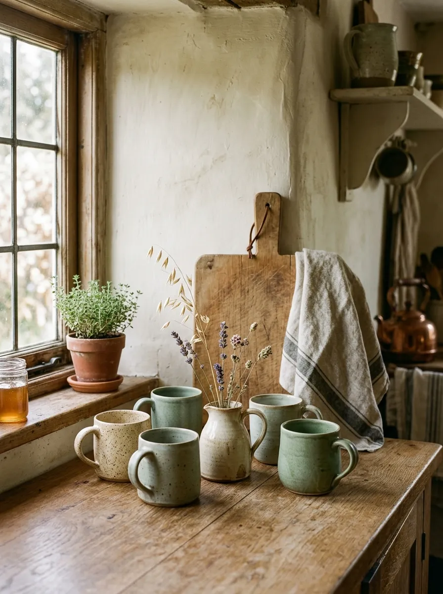 21 Earthy Cottage Decorating Ideas That Transform Your Home Into a Calm and Cozy Retreat 21 Handthrown stoneware mugs in cream and sage grouped with a ceramic pitcher on a warm cottage kitchen counter