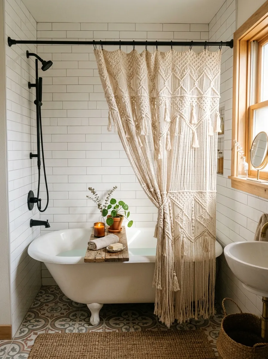 19 Boho Bathroom Ideas That Combine Soft Textures, Natural Details, and Soulful Eclectic Style 4 A cream handwoven macramé shower curtain on a matte black rod in a white Boho bathroom with a wooden bath caddy and trailing plant.