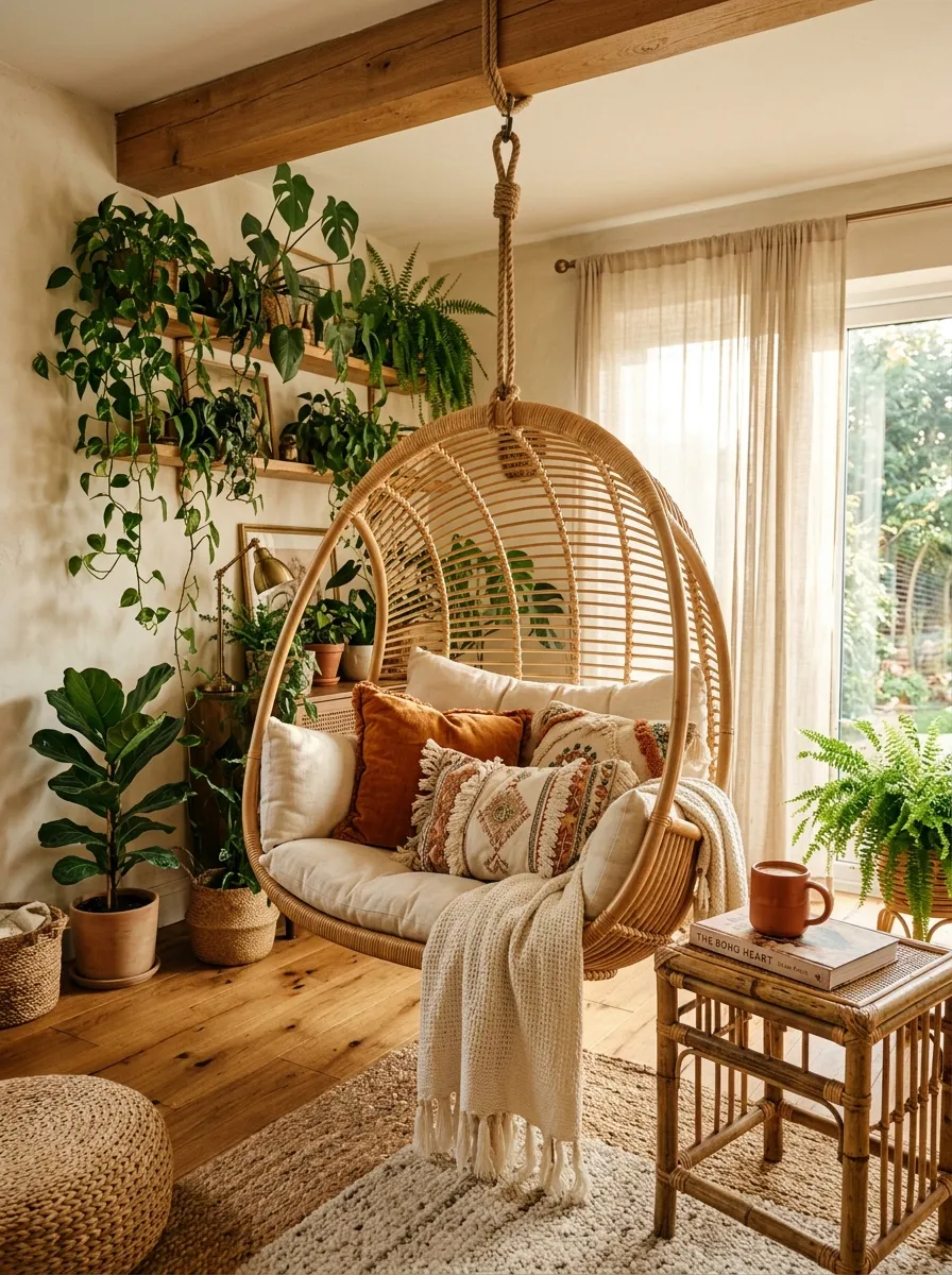 Sun drenched Boho living room with large hanging rattan egg chair, cream and rust cushions, trailing plants, and warm wood floors in natural light