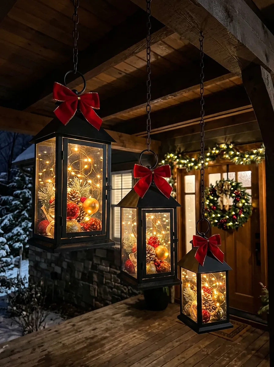 Hanging black metal lanterns with ornaments and warm lights as festive outdoor Christmas displays on a covered porch