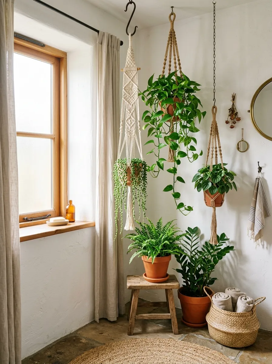 19 Boho Bathroom Ideas That Combine Soft Textures, Natural Details, and Soulful Eclectic Style 2 Hanging macramé planters with trailing pothos and ferns at varying heights in a bright white Boho bathroom corner with warm natural light.