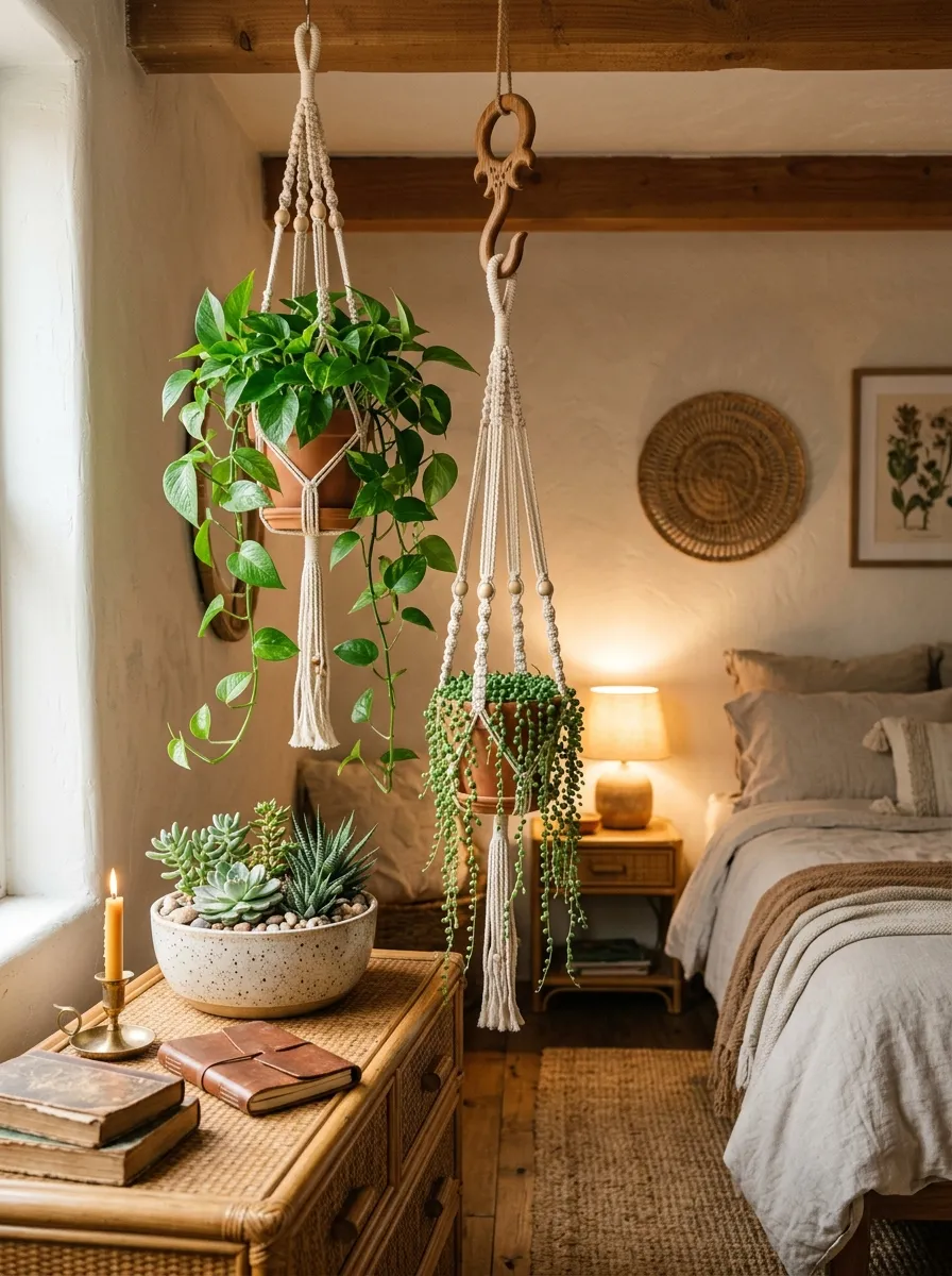 23 Curated Boho Bedroom Ideas for a Cozy, Inviting, and Effortlessly Stylish Retreat 7 Trailing pothos and string of pearls in macramé plant hangers hanging in a Boho bedroom corner above a rattan dresser