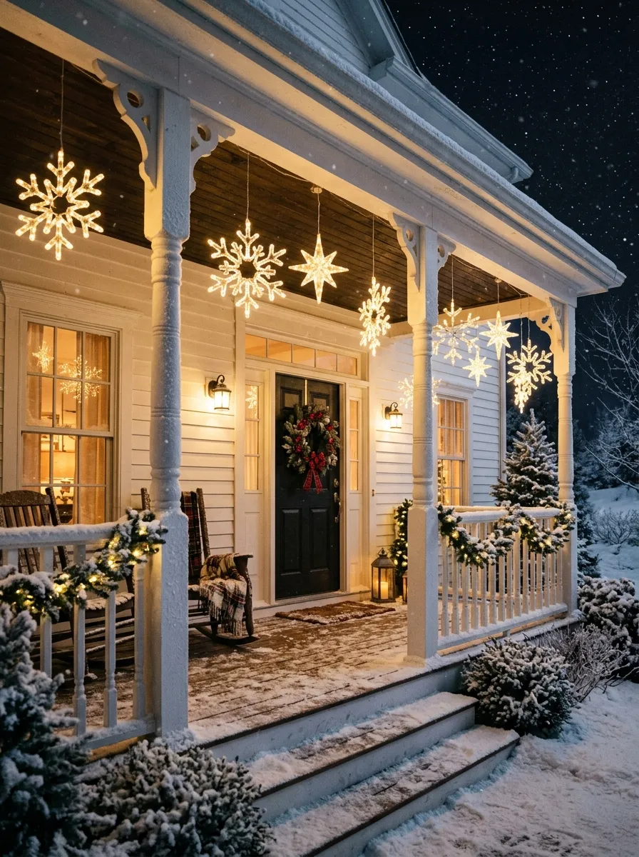 19 Winter Porch Decorating Ideas That Instantly Boost Cozy Curb Appeal All Season Long 19 Lit snowflake and star light sculptures hanging from a porch ceiling as magical winter front porch decor at night