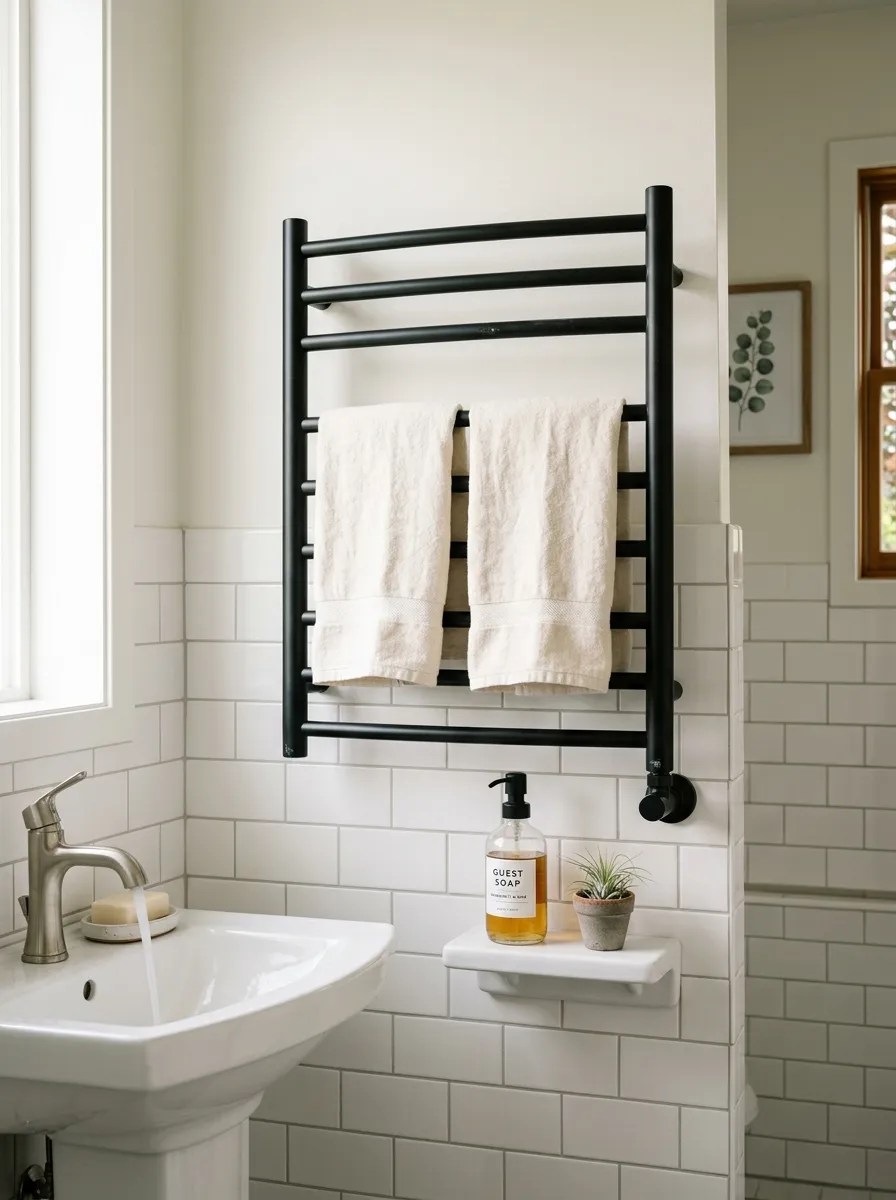 Matte black heated towel rail with folded linen towels and small ceramic shelf in a clean white guest bathroom