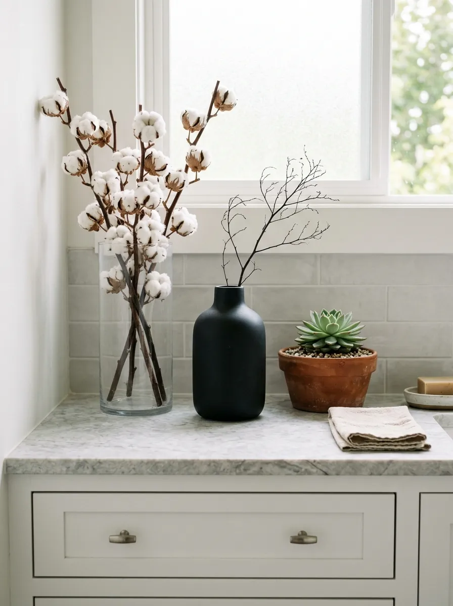 17 Bathroom Counter Styling Ideas for an Instant Aesthetic Glow Up That Looks Expensive 2 Vanity counter decor with three vases in varying heights using glass, ceramic, and terracotta on pale stone surface