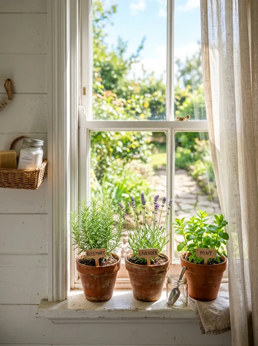 Small herb garden on a window sill with terracotta pots in a bright rustic laundry room with linen curtains and natural light