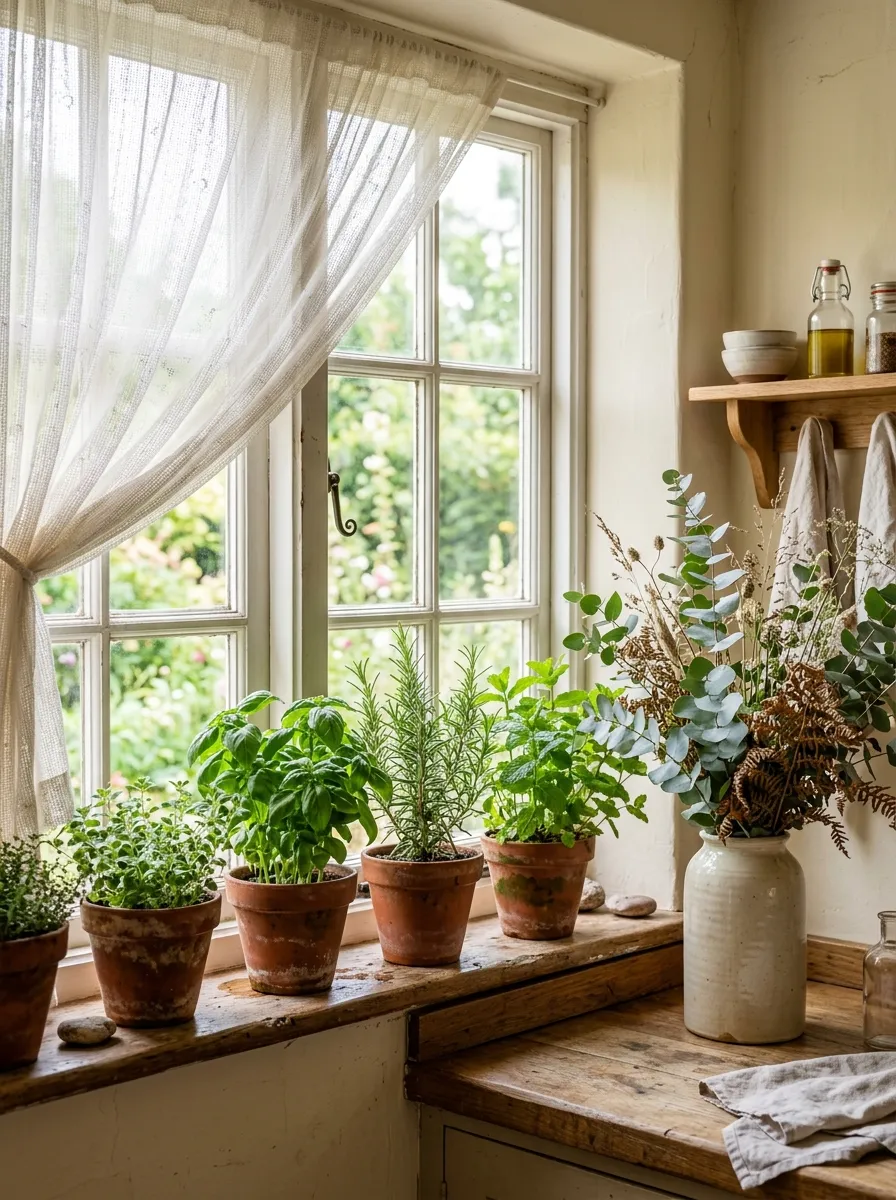 21 Earthy Cottage Decorating Ideas That Transform Your Home Into a Calm and Cozy Retreat 13 Fresh herbs in terracotta pots on a cottage kitchen windowsill with a eucalyptus arrangement in a ceramic vase
