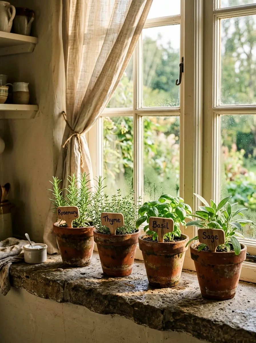23 Rustic Farmhouse Kitchen Ideas That Use Quiet Design Rules to Create a Timeless Look 15 Terracotta herb pots with rosemary, thyme, and basil on a rustic farmhouse kitchen windowsill in warm morning sunlight.