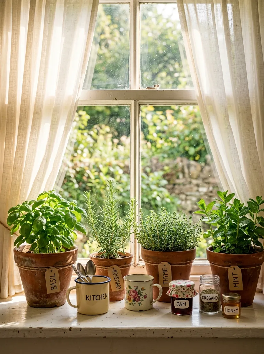 17 Farmhouse Cottage Kitchen Ideas to Master the New Timeless and Cozy Design Aesthetic 12 Fresh herb pots in terracotta and enamel mugs on a cottage kitchen windowsill with morning sunlight