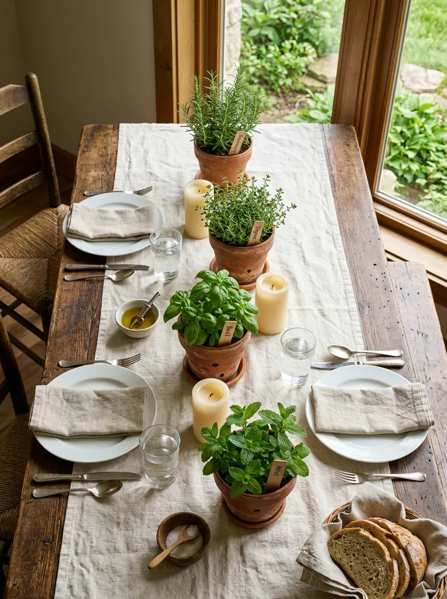 Row of terracotta herb pots with rosemary thyme and basil as a fresh table decor without flowers idea