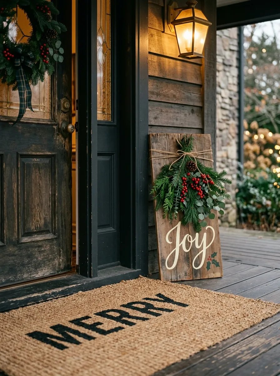 Natural jute Christmas doormat and wooden welcome sign as charming festive porch ideas for the front door entrance