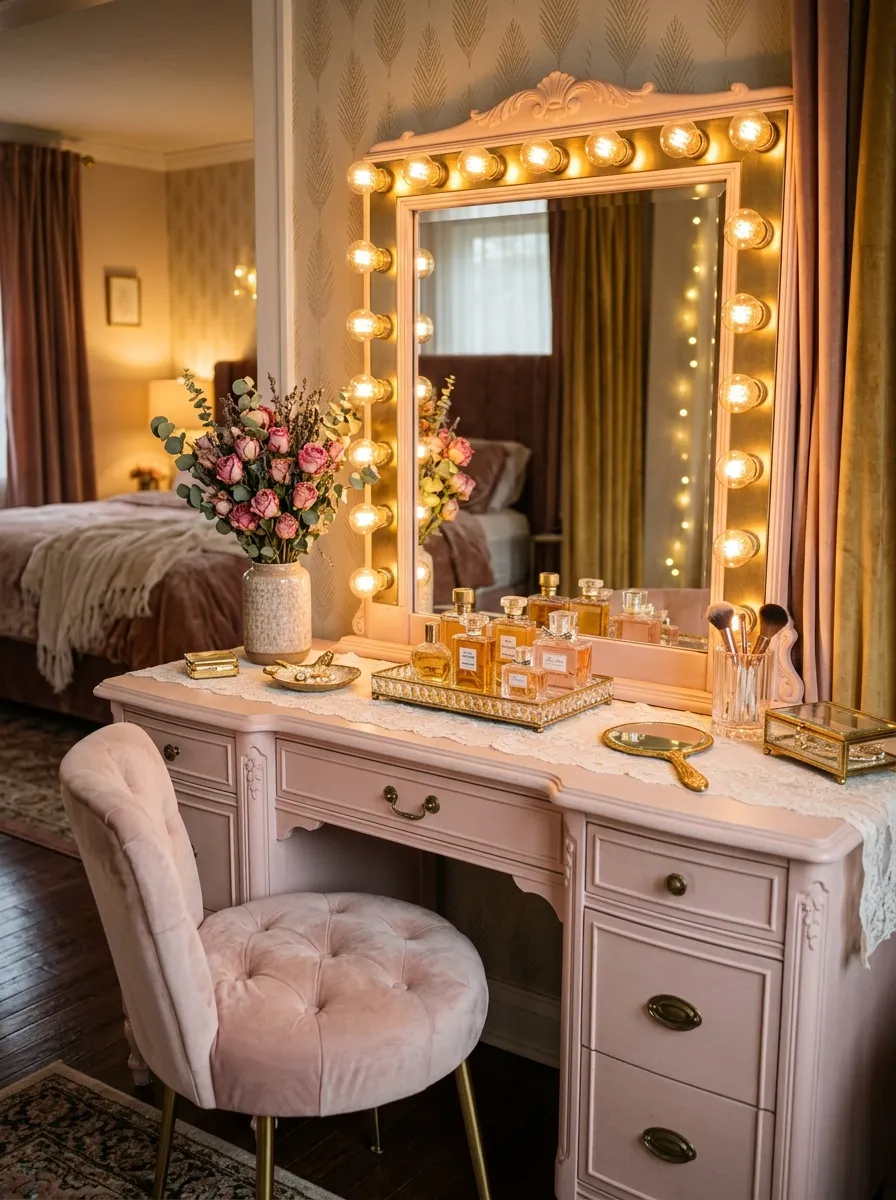 19 Small Bedroom Vanity Ideas to Create an Instagram Worthy Beauty Space With Style 16 Hollywood glam bulb strip vanity mirror with blush pink table and velvet stool in a small bedroom setup