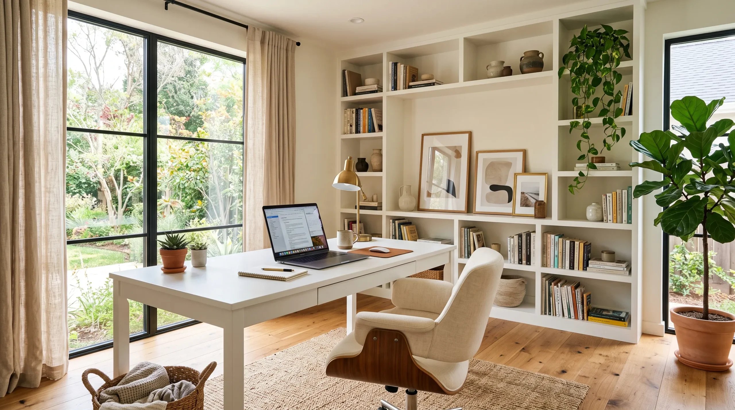 20 Home Office Design Ideas That Use Quiet Design Rules to Improve Focus, Comfort, and Productivity 3 Bright modern home office design with white built in shelving, cream ergonomic chair, brass desk lamp, and natural light through floor to ceiling window