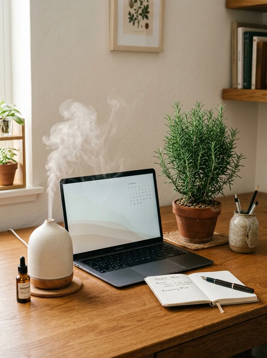 Home office setup with ceramic essential oil diffuser releasing mist, rosemary plant, warm wood desk, open notebook, and soft warm side lighting