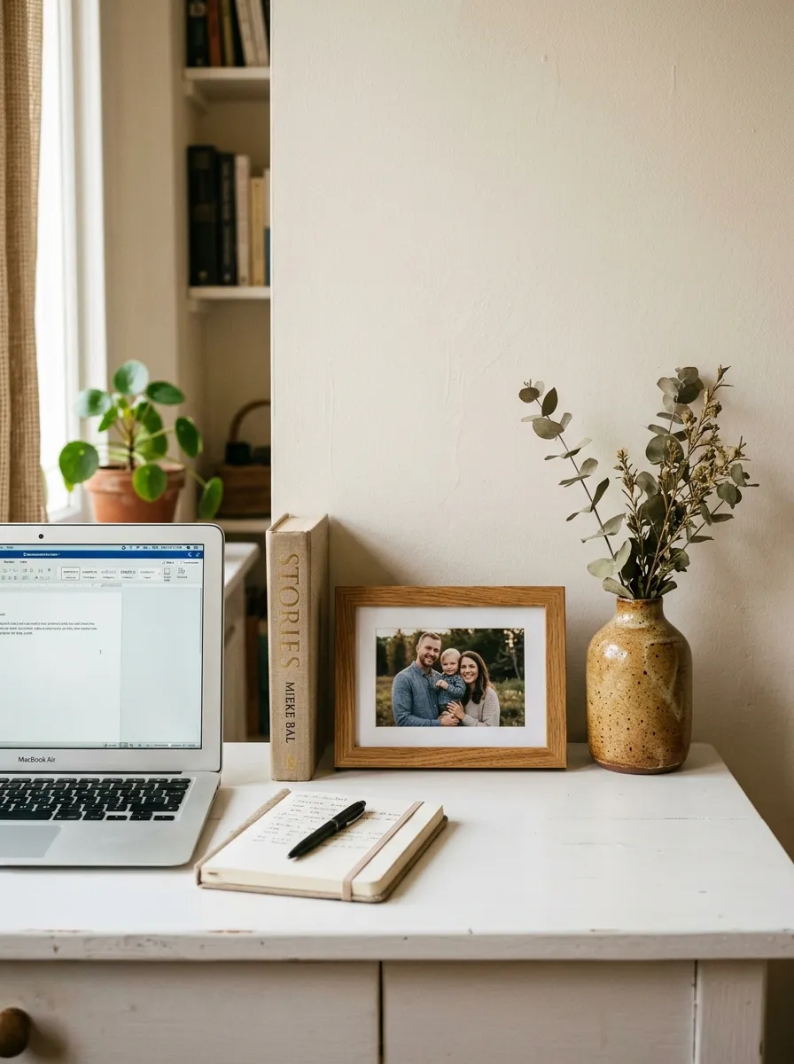Warm home office design with three curated personal items at eye level including framed photo, ceramic vessel, and meaningful book on white desk surface