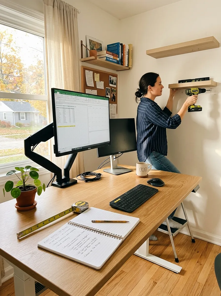 Home office design audit scene with open notebook, monitor arm, new floating shelf being positioned, measuring tape, and warm afternoon natural light