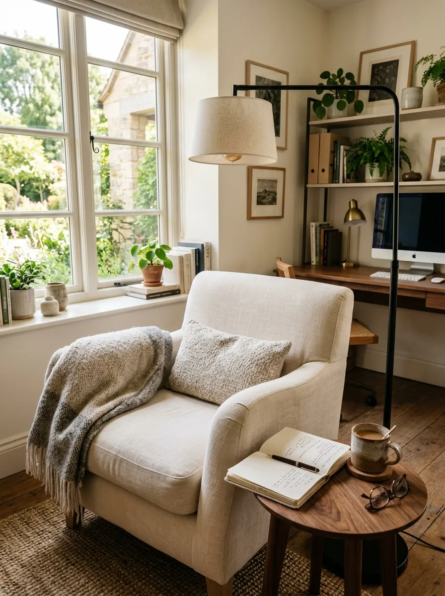 Home office design with cream armchair, tall floor lamp, small walnut side table with notebook, and main desk visible in background near natural window light