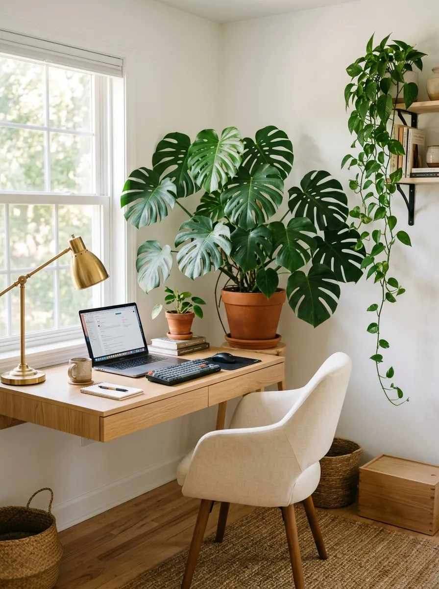 Home office design with large monstera in corner, trailing pothos on high shelf, white walls, wood floating desk, and brass desk lamp in natural light