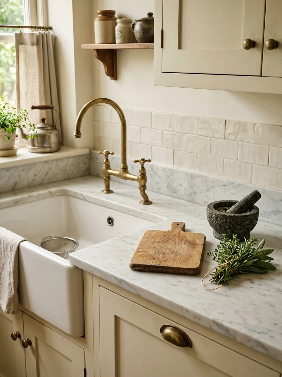 23 Rustic Farmhouse Kitchen Ideas That Use Quiet Design Rules to Create a Timeless Look 22 Honed Carrara marble countertop with soft grey veining and aged brass faucet in a warm rustic farmhouse kitchen with cream cabinetry.