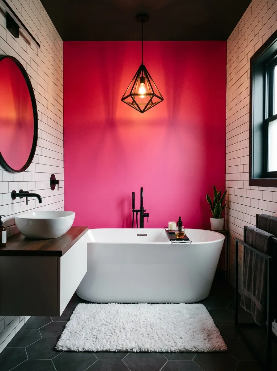Bold hot pink accent wall bathroom with white freestanding tub and matte black fixtures vibrant pink bathroom decor