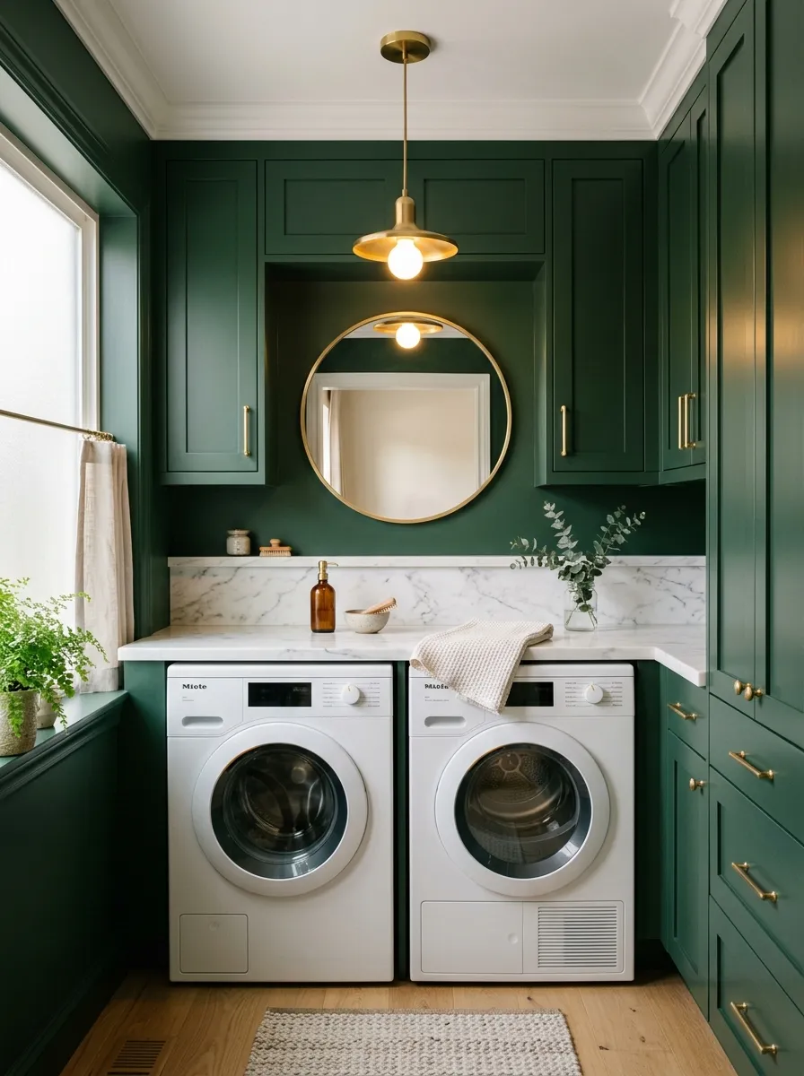 18 Green Laundry Room Ideas That Prove This Color Is More Than Just a Passing Design Trend 12 Hunter green laundry room with brushed gold hardware, gold framed round mirror, gold pendant light, and white marble countertop