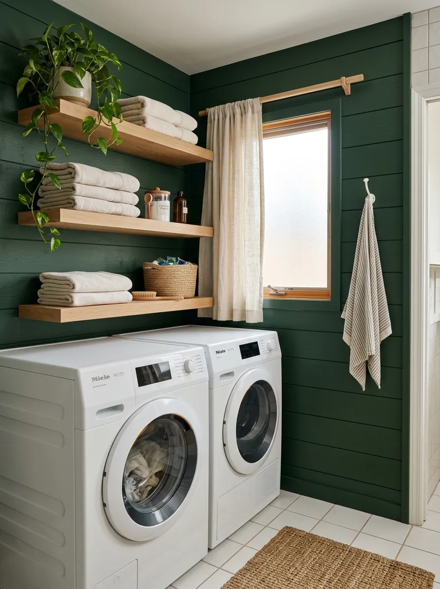 18 Green Laundry Room Ideas That Prove This Color Is More Than Just a Passing Design Trend 5 Hunter green shiplap laundry room walls with light oak floating shelves, cream textiles, trailing plant, and white front load appliances