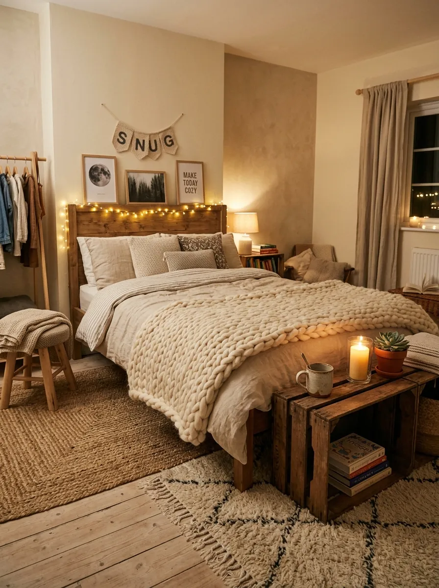 Bedroom ideas for older kids with hygge style, chunky knit throw, fairy lights, and warm layered linen textures