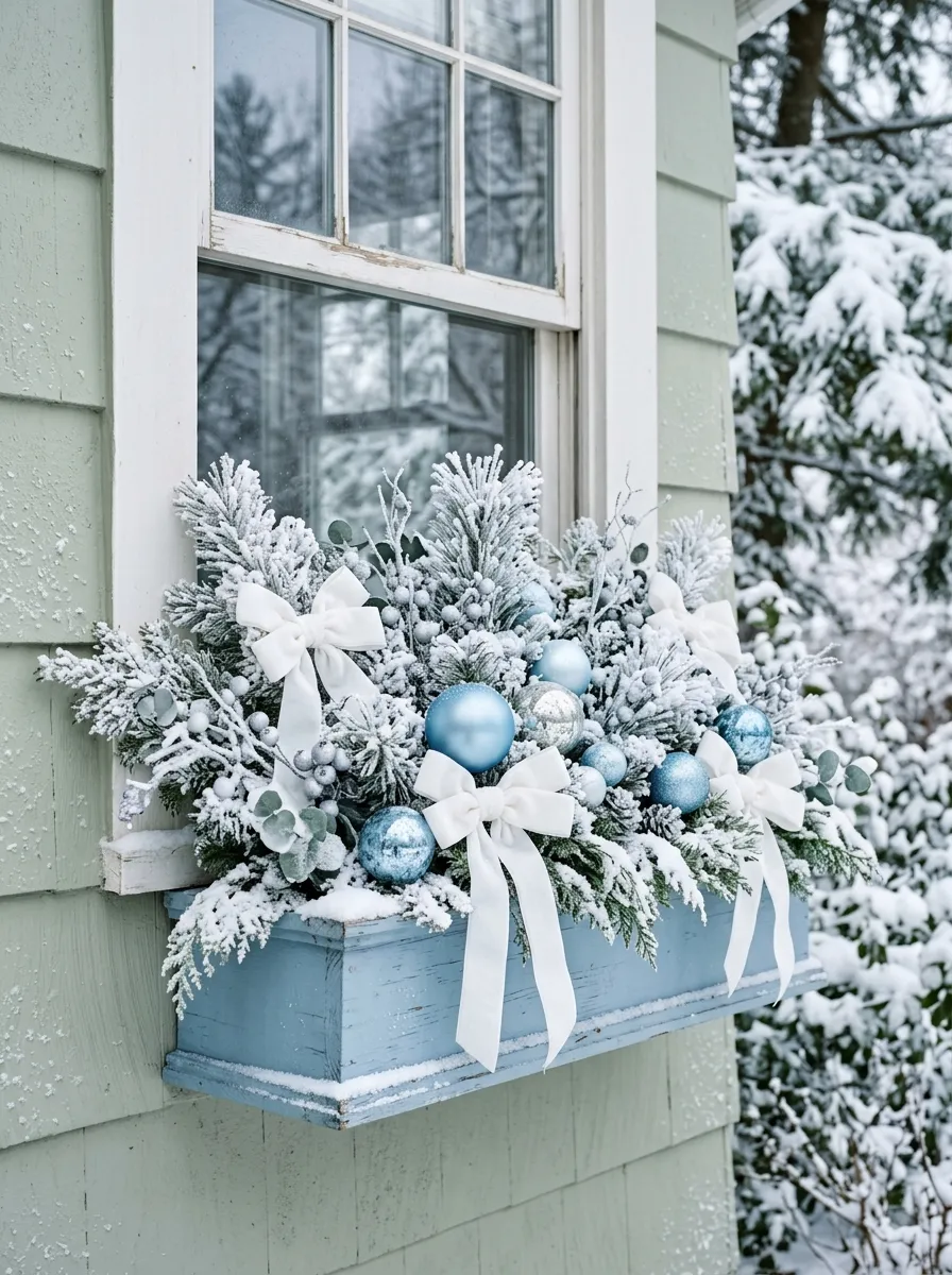 18 Winter Window Box Ideas That Bring Magical Seasonal Charm to Your Home Exterior 12 Ethereal icy blue and white window box with flocked pine, blue ornaments, and velvet ribbon on a craftsman home