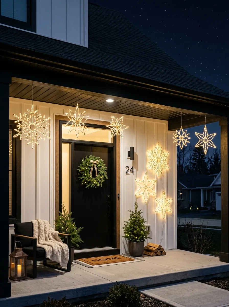 Illuminated snowflake and star light sculptures on a modern front porch as contemporary outdoor Christmas porch styling