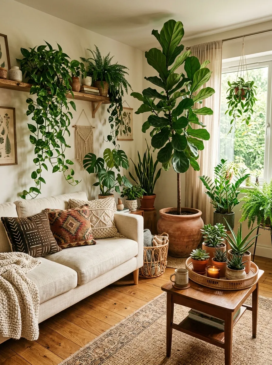 Lush Boho living room filled with indoor plants in terracotta pots, trailing pothos on shelves, and fiddle leaf fig in warm natural light