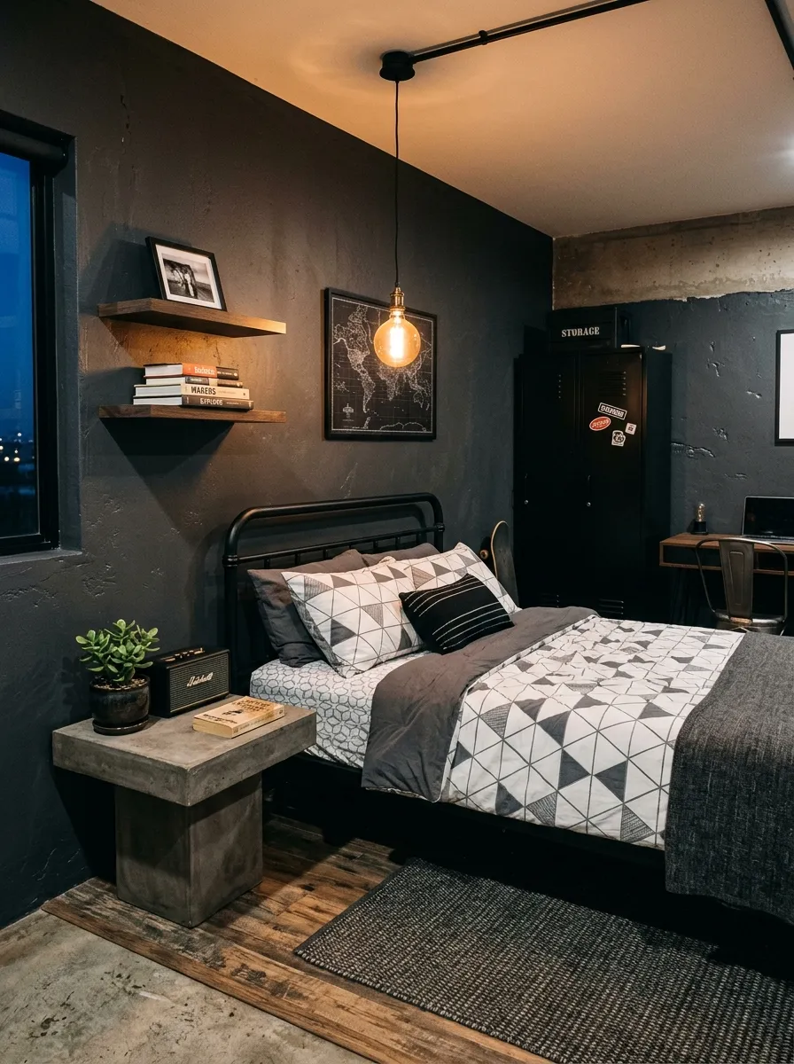 Stylish kids bedroom decor with industrial chic styling, charcoal walls, black metal bed frame, and Edison pendant lighting